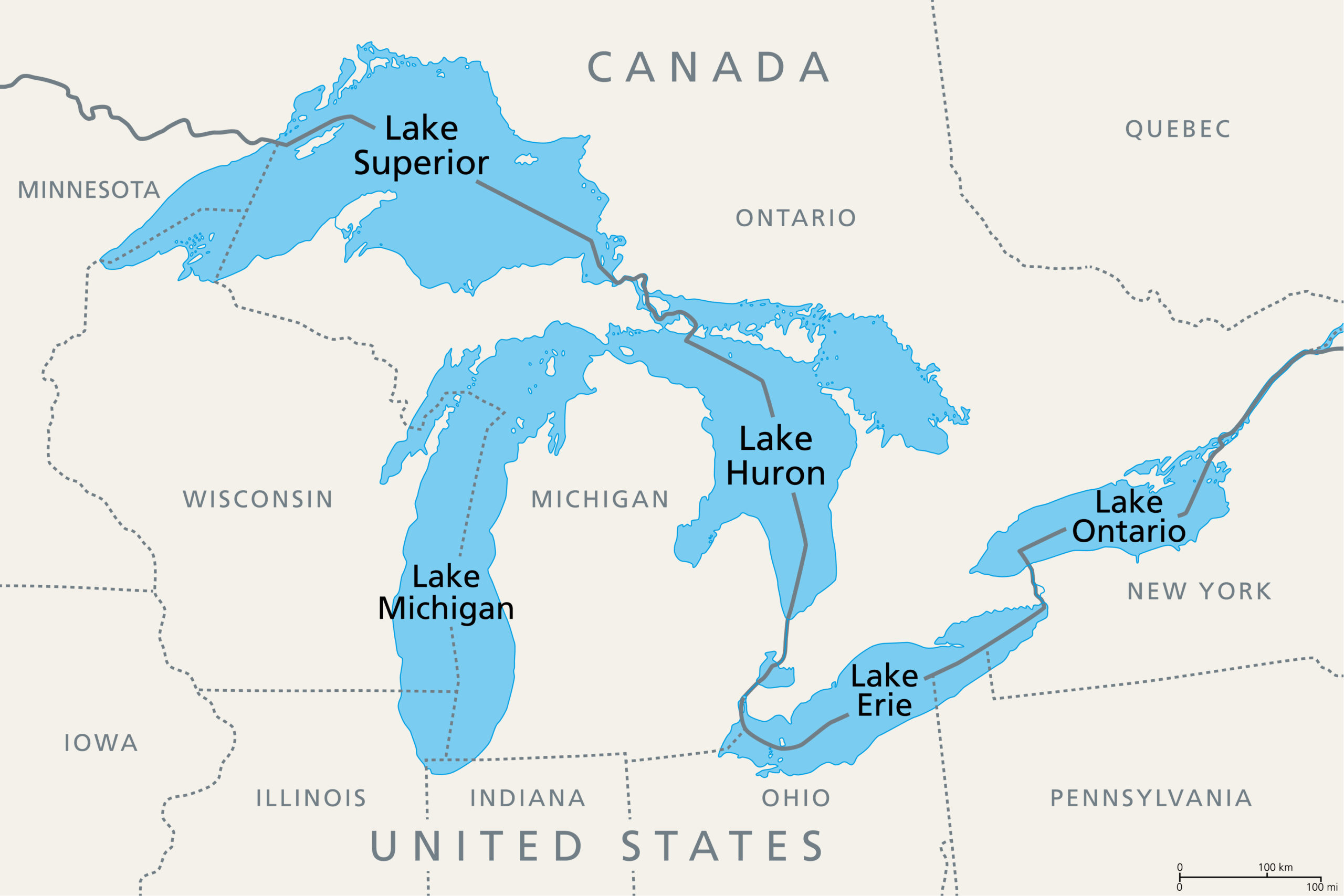 Great Lakes of North America, political map. Lake Superior, Mich